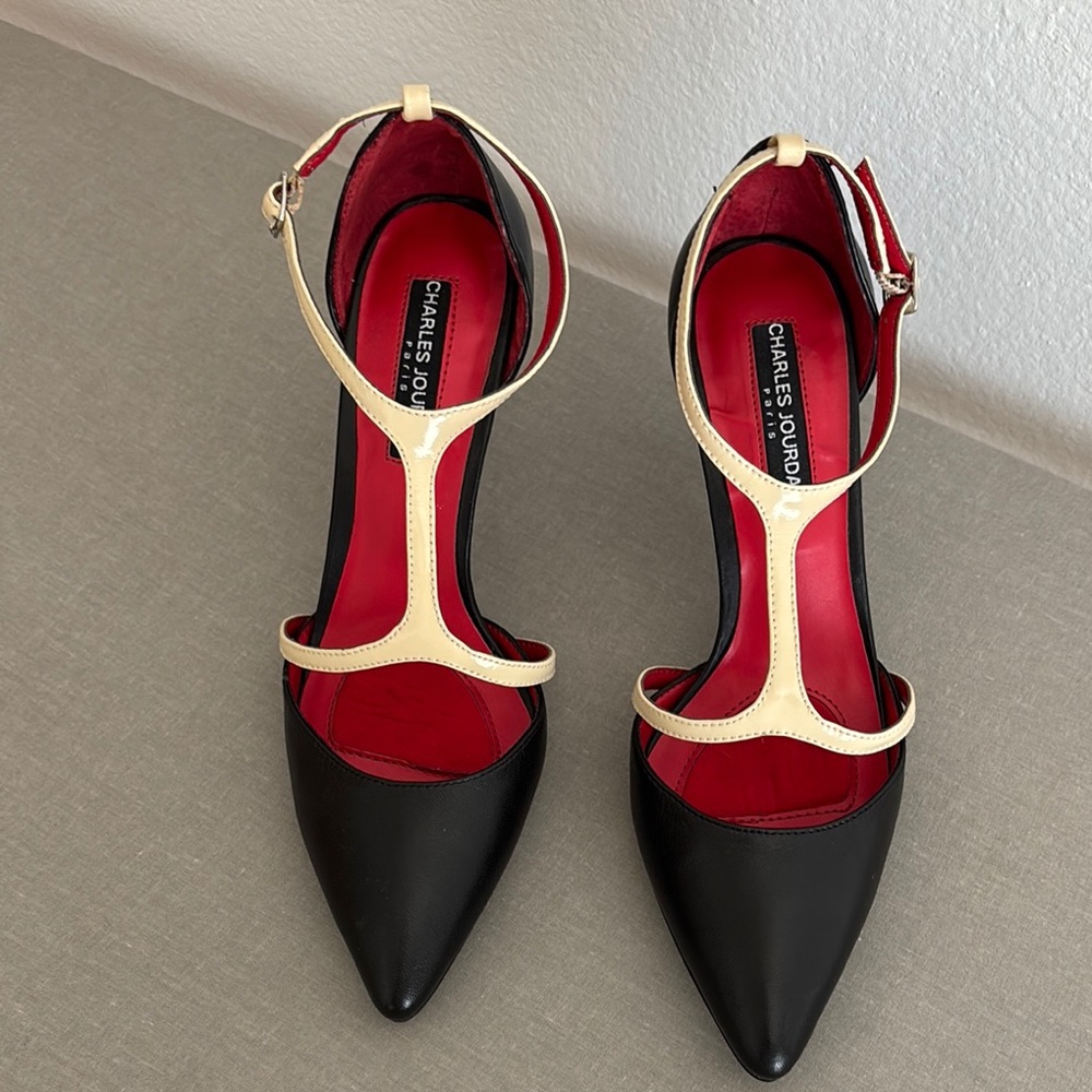 Charles Jourdan Black and Cream T-Strap Heels